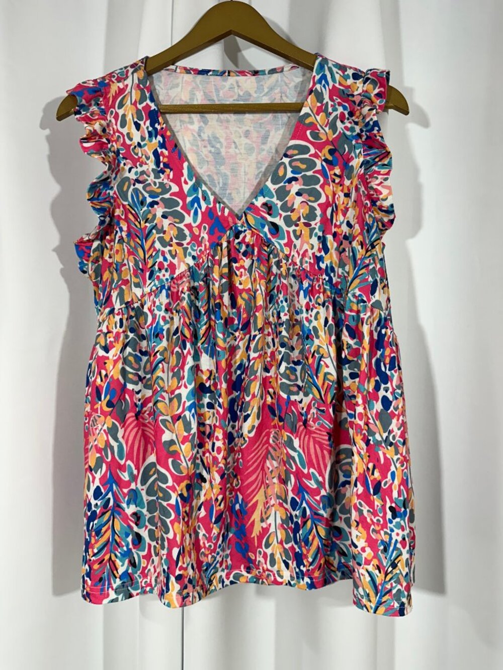 Lola Monroe Large Tropical Print Ruffle Sleeve Top Pink Multicolor Blouse Summer